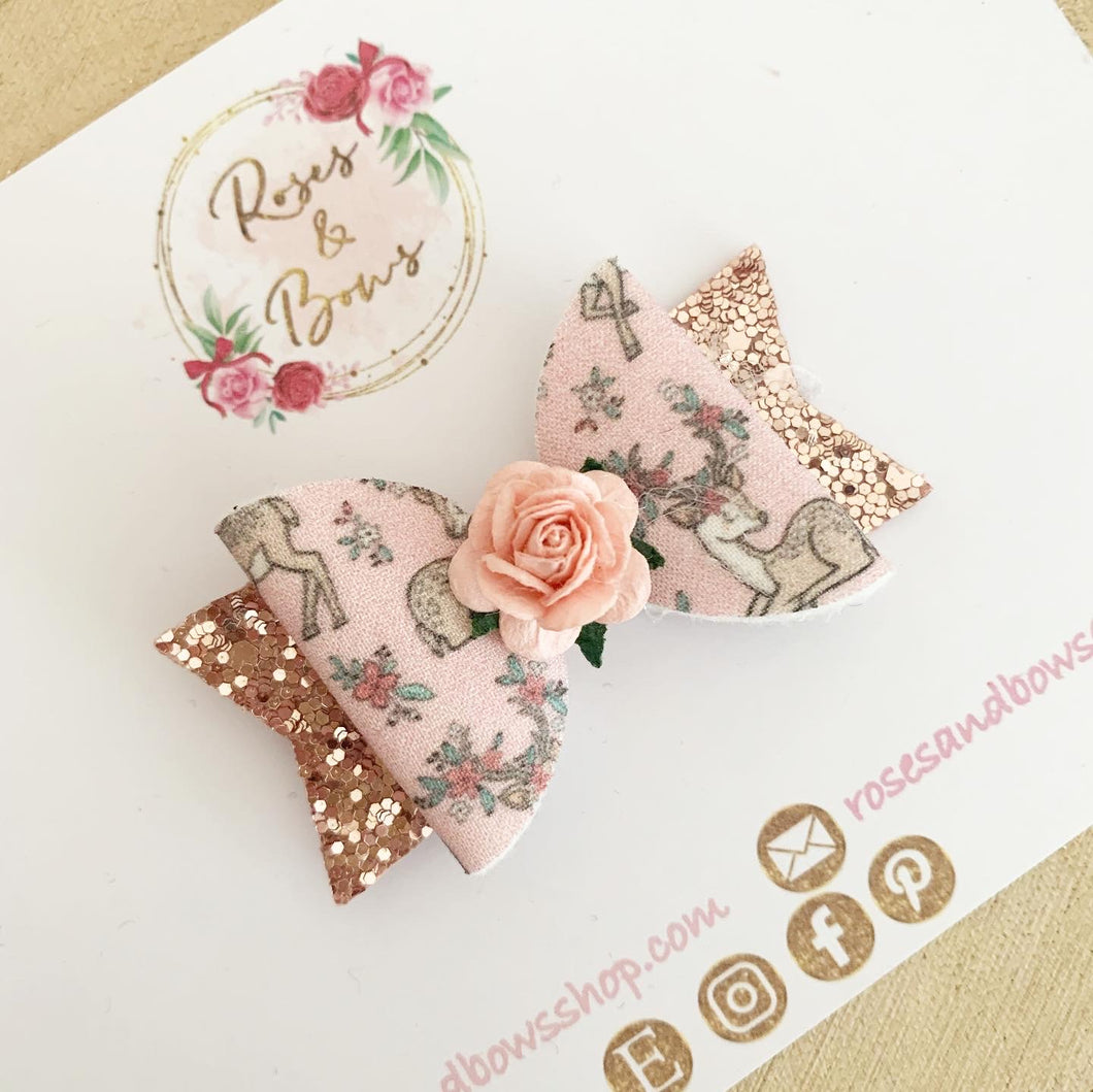 Pink reindeer Glitter Hair Bow Headband or Clip
