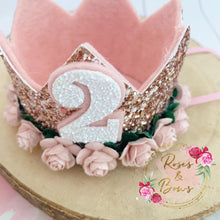 Load image into Gallery viewer, Rose Gold and blush birthday crown - glitter party hat - cake smash prop - birthday accessory
