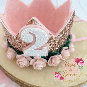 Rose Gold and blush birthday crown - glitter party hat - cake smash prop - birthday accessory