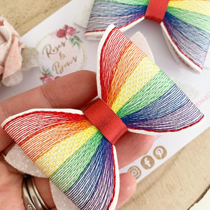 Bright Rainbow Embroidered Leatherette and Glitter Bow Headband or Clip