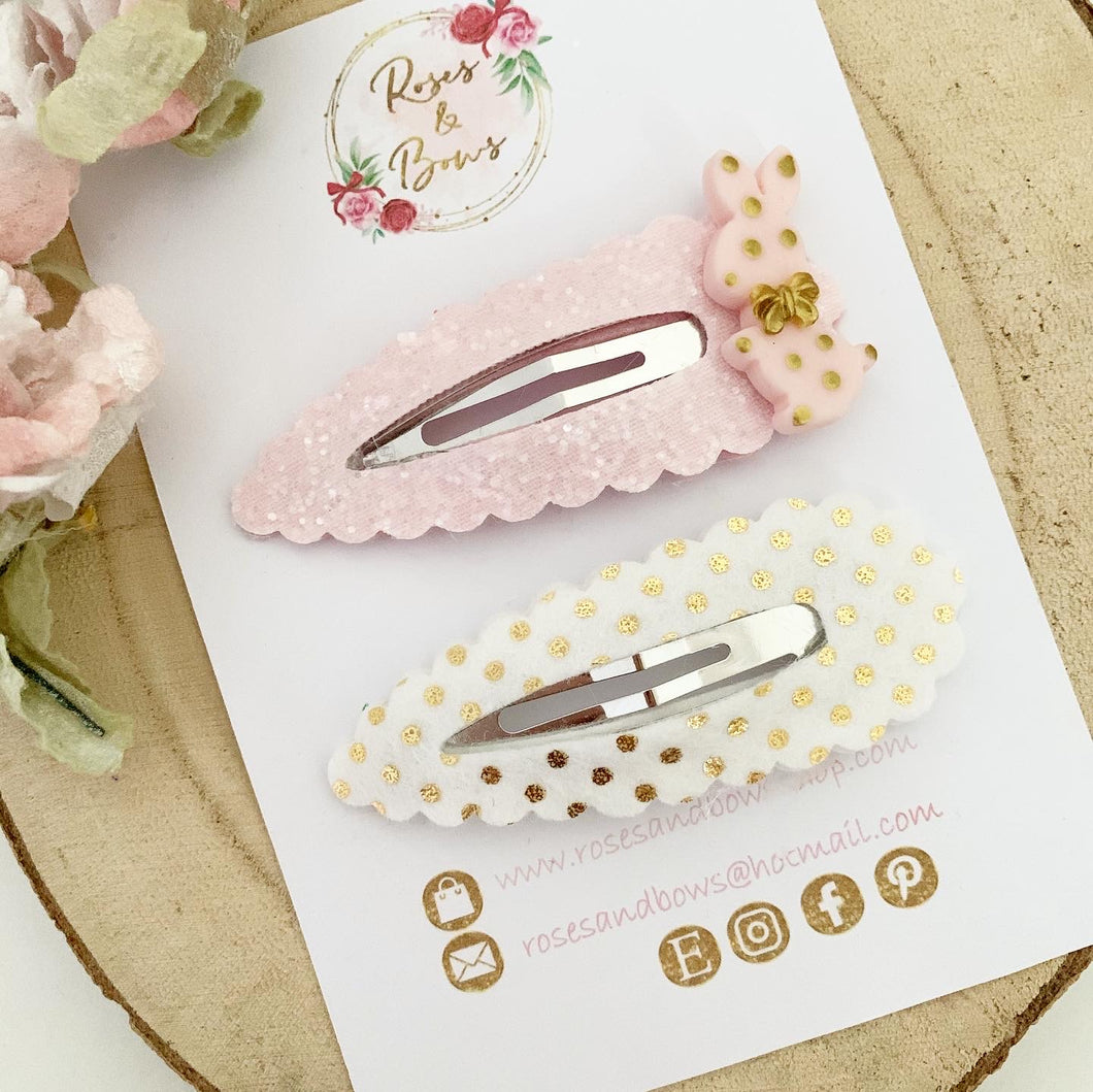 Pink and Gold Easter Bunny Large scalloped snap clip set