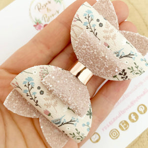 Nude Neutral Floral Glitter Hair Bow Headband or Clip