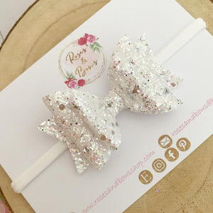 Iridescent White and Silver Glitter Hair Bow - Glitter Hair Bow Hair Clip or Headband