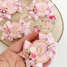 Load image into Gallery viewer, Pink and Gold Birthday Hair Bow Headband or Clip
