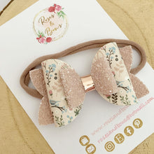 Load image into Gallery viewer, Nude Neutral Floral Glitter Hair Bow Headband or Clip
