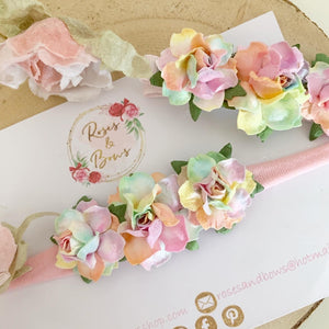 Pastel Rainbow rose flower headband or clip