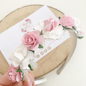 Pink and white flower crown headband