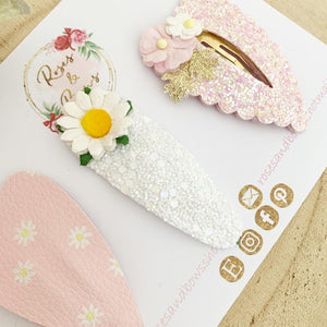 Pink daisy heart glitter and leatherette scalloped snap clip set