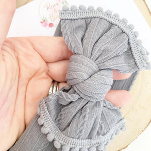 Grey Nylon Pom Pom Trim Headwrap Headband