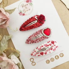 Load image into Gallery viewer, Valentine’s Red and Silver heart scalloped snap clip set
