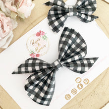 Load image into Gallery viewer, Black and White Gingham Leatherette Hair Bow Headband or Clip
