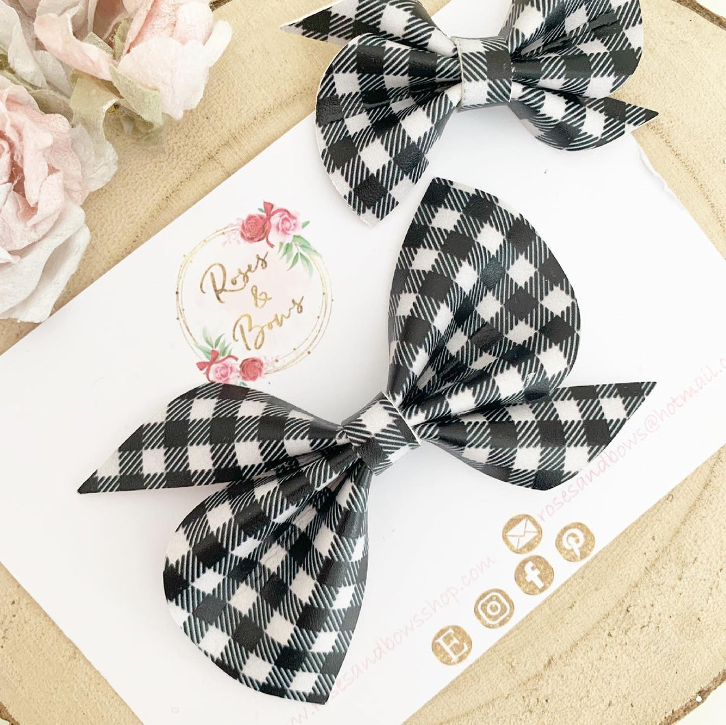 Black and White Gingham Leatherette Hair Bow Headband or Clip