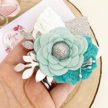 Load image into Gallery viewer, Felt flower clip or headband - aqua and silver flower headband
