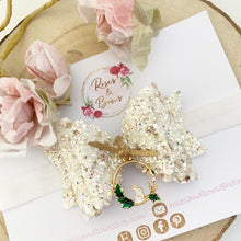 Load image into Gallery viewer, Easter Bunny Gold and White Charm Glitter Bow Headband or Clip
