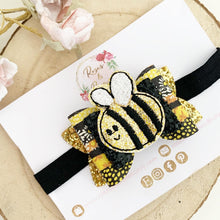Load image into Gallery viewer, Bee Hair Bow Headband or Clip - black and Gold Glitter Hair Bow
