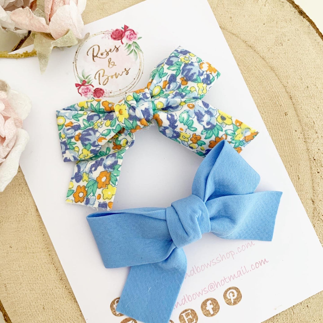 Blue Cotton Tie Bow Clip Set