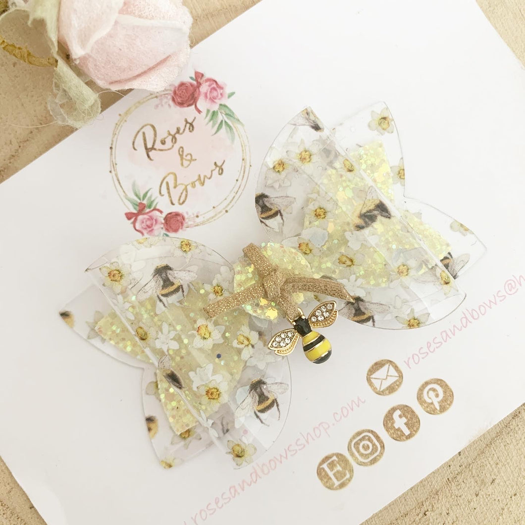 Bee Transparent and Glitter Hair Bow Headband or Clip