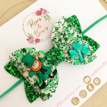 Load image into Gallery viewer, Leprechaun St Patrick’s Day Hair Bow - Green Glitter Hair Bow Hair Clip or Headband
