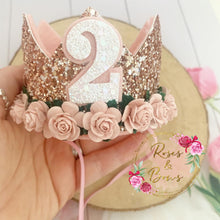 Load image into Gallery viewer, Rose Gold and blush birthday crown - glitter party hat - cake smash prop - birthday accessory
