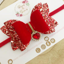 Load image into Gallery viewer, Red Glitter and Velvet Heart Charm Valentine’s Day Hair Bow Headband or Clip
