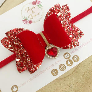 Red Glitter and Velvet Heart Charm Valentine’s Day Hair Bow Headband or Clip