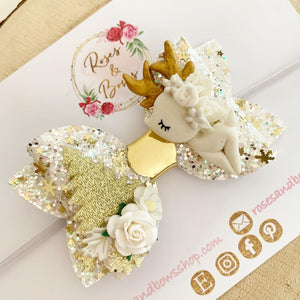 Gold Christmas Deer Hair Bow Clip or Headband