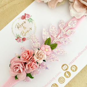 Pink flower and leaf headband or clip - Flower Crown Headband