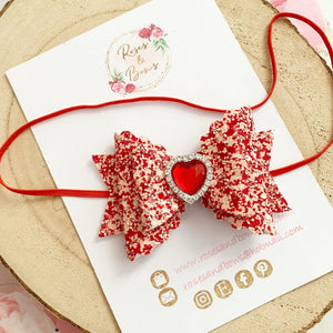 Valentines Red and Pink Heart Glitter Hair Bow Headband or Clip