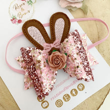 Load image into Gallery viewer, Bunny Ears Glitter Hair Bow Headband or Clip - Pink Sequin Bunny Rabbit Ears Hair Bow
