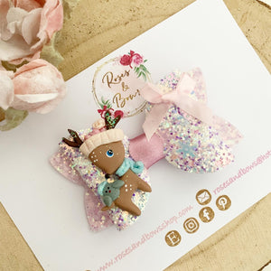 Pink Christmas reindeer Hair Bow Headband or Clip