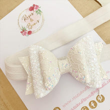 Load image into Gallery viewer, Ivory white lace glitter Hair Bow Headband or clip
