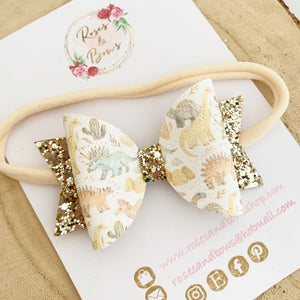 Gold Dinosaur Leatherette and Glitter Bow Headband or Clip