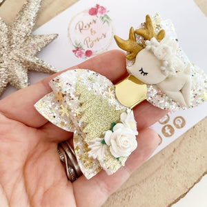 Gold Christmas Deer Hair Bow Clip or Headband