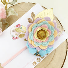 Load image into Gallery viewer, Felt flower clip or headband - rainbow and gold flower headband
