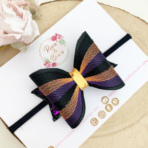 Halloween Embroidered Leatherette and Glitter Bow Headband or Clip