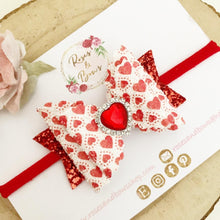 Load image into Gallery viewer, Valentine’s Red Heart Hair Bow Headband or Clip
