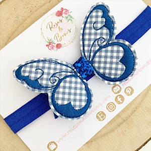 Royal blue School Gingham butterfly Hair Bow Headband or Clip