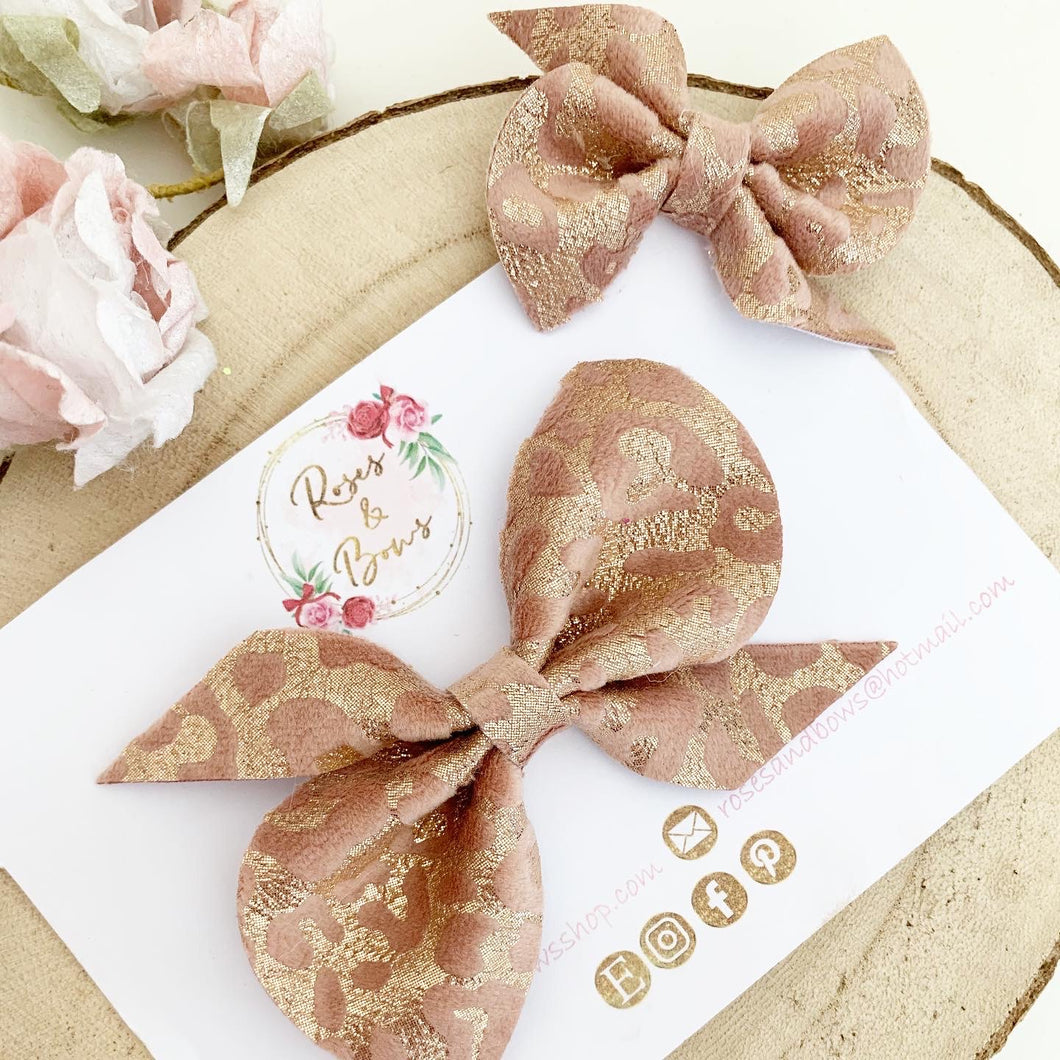 Rose Gold Leopard Hair Bow Headband or Clip