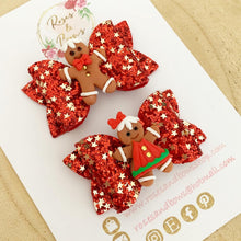 Load image into Gallery viewer, Gingerbread piggy pigtail bows - clip set - Christmas glitter bows
