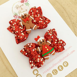 Gingerbread piggy pigtail bows - clip set - Christmas glitter bows