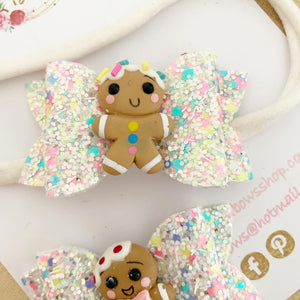 Gingerbread piggy pigtail bows - clip set - Christmas glitter bows