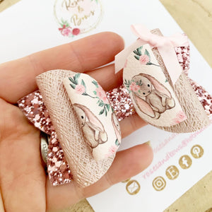Pink Blush Bunny Glitter Hair Bow Headband or Clip - Pink Sequin Bunny Rabbit Ears Hair Bow