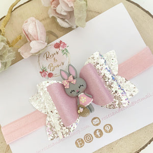 Easter bunny Silver and Pink Glitter Hair Bow Hair Clip or Headband