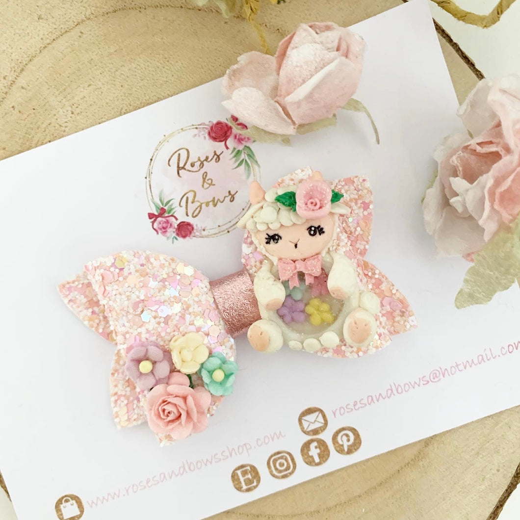 Easter Lamb Glitter Hair Bow Hair Clip or Headband