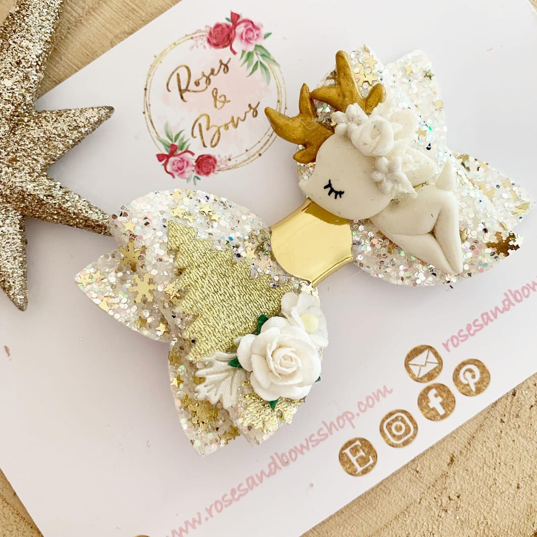 Gold Christmas Deer Hair Bow Clip or Headband