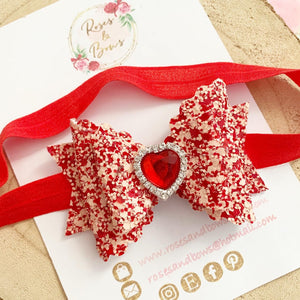 Valentines Red and Pink Heart Glitter Hair Bow Headband or Clip