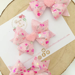 Pink Heart Glitter Valentine’s Day Hair Bow Headband or Clip