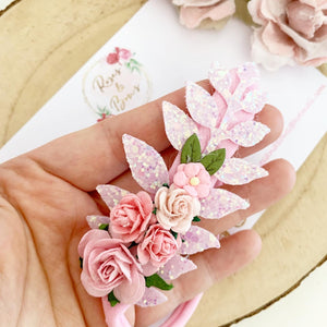 Pink flower and leaf headband or clip - Flower Crown Headband