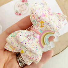 Load image into Gallery viewer, Rainbow Heart Glitter Valentine’s Day Hair Bow Headband or Clip
