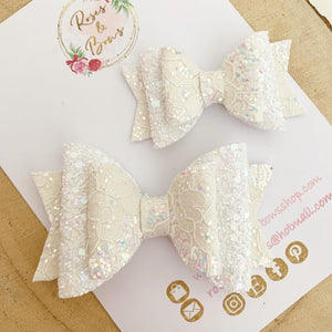 Ivory white lace glitter Hair Bow Headband or clip